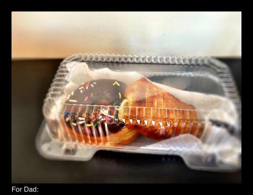 For my Dad. Cheese danish and a chocolate covered doughnut with sprinkles.