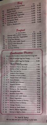 Menu as of November 2018. Dinner combos, beef and seafood.