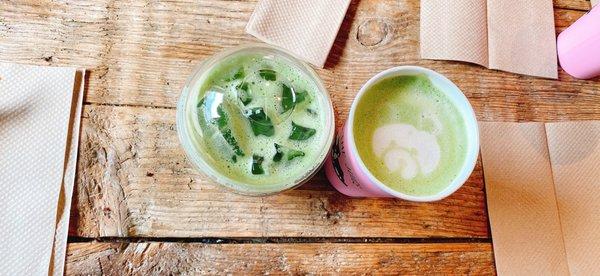 Iced Matcha Latte (16oz) and Hot Matcha Latte (16oz) both with unsweetened almond milk.