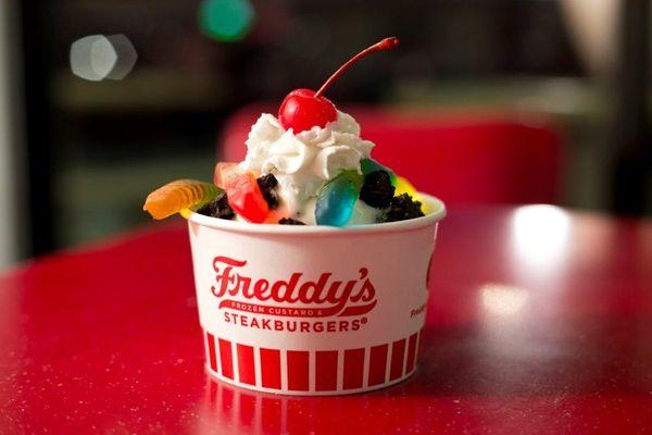 Frozen Custard with Gummy Worms, Whipped Cream, and Cherry on top