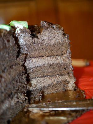 Chocolate fudge cake (4), showing the cake sliced in pieces & the 3 layers. (2/5/2020)