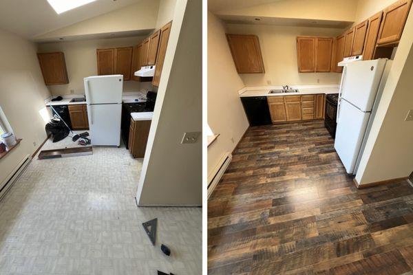 Had a great time remodeling this kitchen flooring! New 100% waterproof laminate flooring!