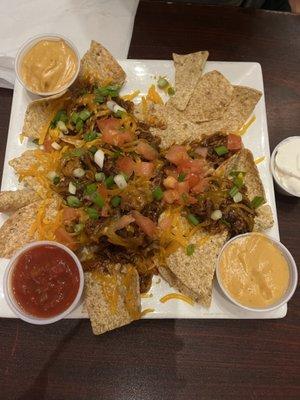 BBQ pork nachos with beer cheese