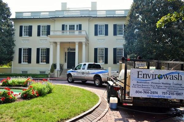 Power washing the Cottage House at the Governor's Mansion in Richmond, Virginia