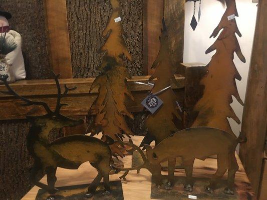 Rusty Bronze Metal Pine Trees (3 sizes) & Deer