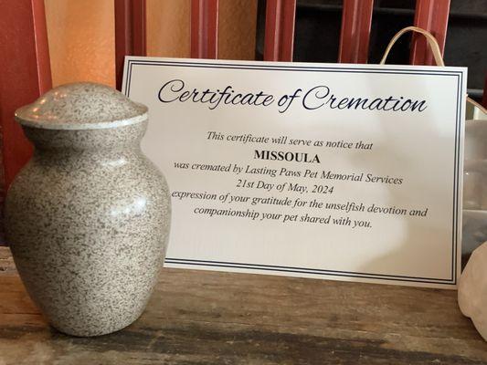 Certificate of Cremation Fly High, Missoula Mae!