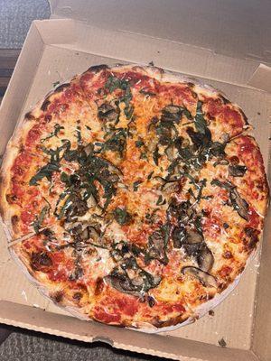 Hand tossed cheese pizza with shiitakes and basil!