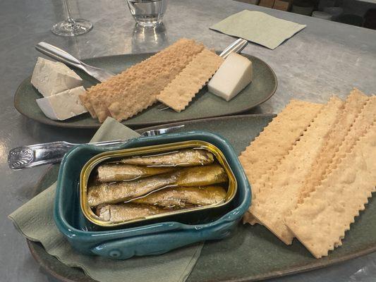 Cheese plate and tin fish to go with our wine tasting