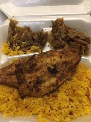 Smoked Catfish with cabbage and yellow rice