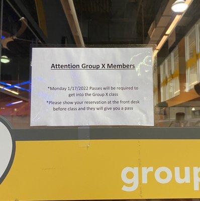 Message stating members must have a pass to access the studio (not required at other clubs)