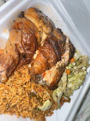 Jerk chicken, Jollaf rice, and cabbage