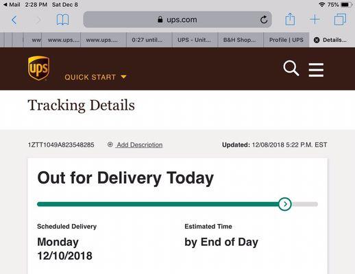 Tracking shows my package is out for delivery today, Dec. 8th yet also scheduled to be delivered on Monday, Dec.10?????