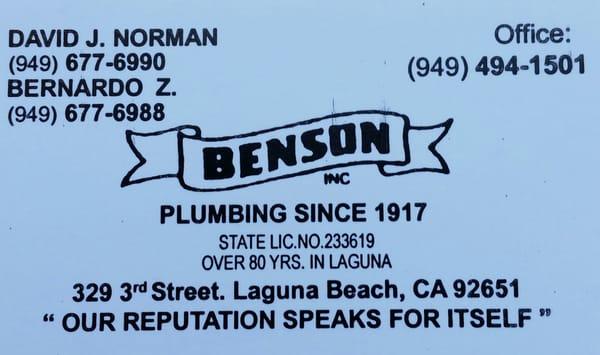 Benson plumbing the oldest plumbing company in Laguna Beach since 1917....949 494 1501....