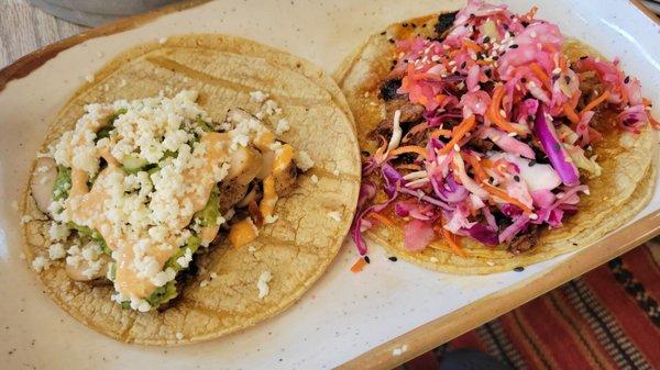 Pollo Asado (l) & Korean Pulled Pork (r) Tacos