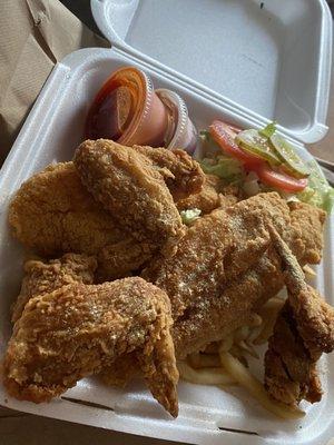 Chicken, catfish fillet & French fries