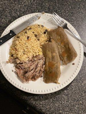 OMG! Roast Pork, Rice w/pigeon peas and Authentic Puerto Rican pasteles. Lechón asado, arroz con gandules y pasteles. Delicious!