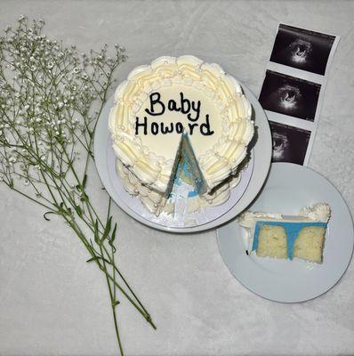 It's a boy!  Celebrate with this lemon cake featuring a white vintage finish and blue buttercream for the perfect reveal!  #GenderReveal