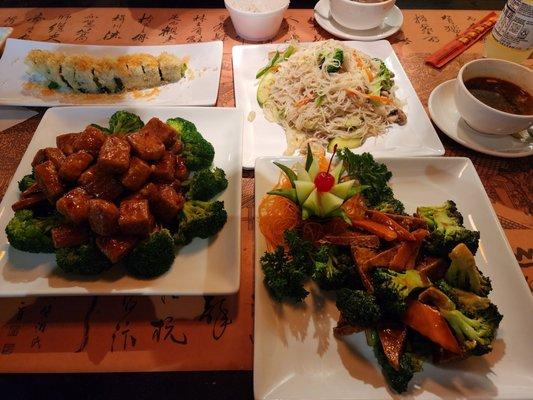 General Tso Tofu, Vegan Sushi Roll, Tofu "beef" & Brocolli, noodles & veggies, vegan hot & sour soup! Vegan egg rolls eaten before this pic!