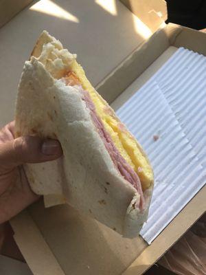 Egg , ham quesadilla.  It comes with 3 big pieces.  They add mayo - request to have no mayo if preferred