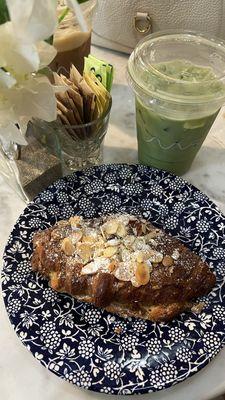 Almond croissant & iced matcha latte