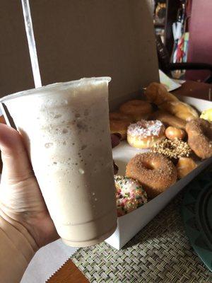 Caramel blended coffee latte and dozen doughnuts!