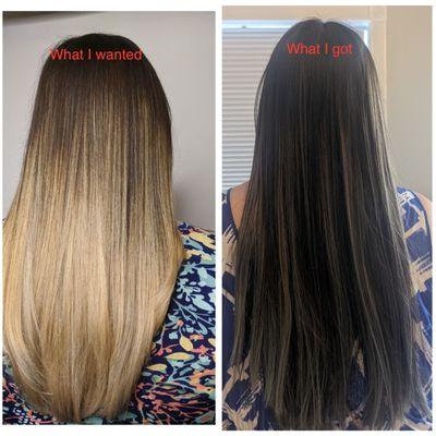 my hair should have so much more blonde. The first photo is when a balayage was done correctly. Second is what Addie and it still cost $215