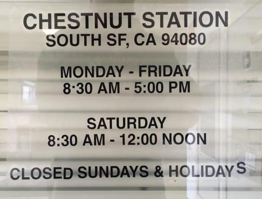 Chestnut {SSF} Post Office Hours.