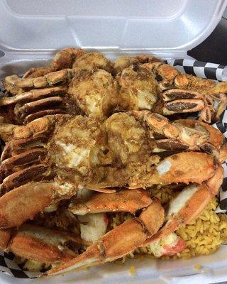 Two Large Fried Blue Crabs, with Seafood Rice.