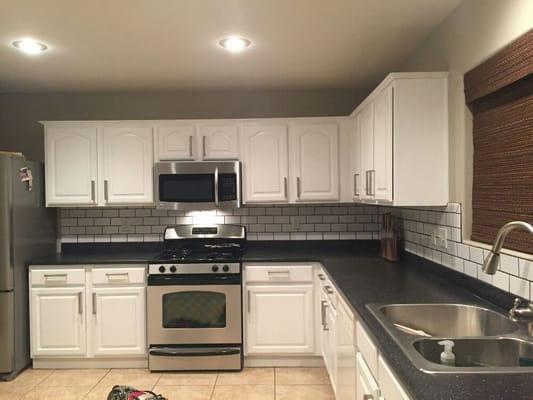 Custom white subway tile back splash, another happy customer.