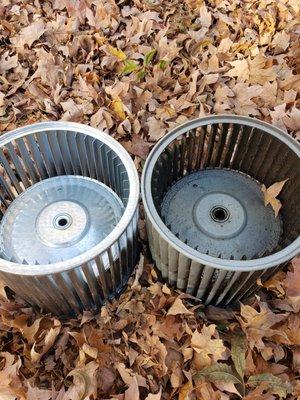 Replacing a dirty blower wheel. Imagine this circulating the air in your home. We take the air you breathe very serious!