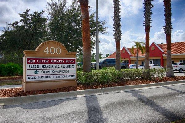 Sign of Back Pain Relief Chiropractic at 400 Clyde Morris Blvd. Ste. C Ormond Beach just south of Hand Avenue