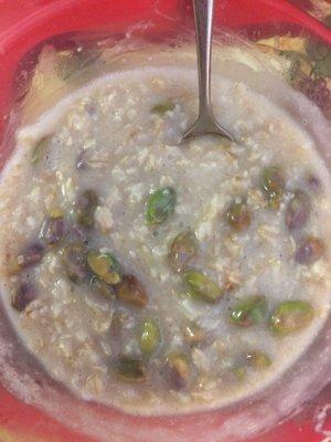 Organic Irish Style Oatmeal with pistachios on a 47 degree morning. 05/21/2020