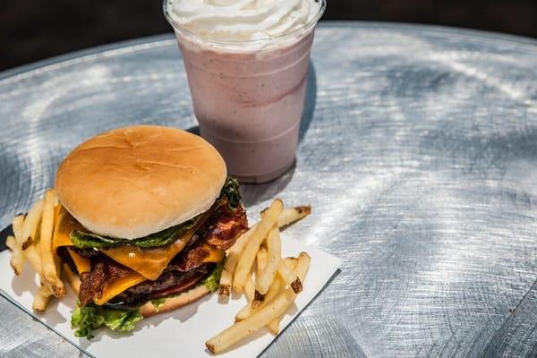 Bacon Double Cheeseburger, Strawberry Shortcake Shake, Crispy Fries