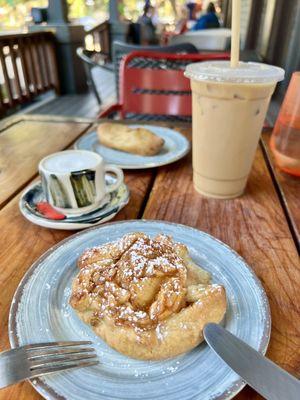 Apple tart with a macchiato, kolache, and ice caramel latte.