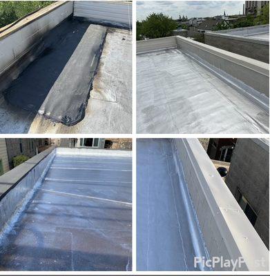 Roof repair with modified rubber and apply aluminum roof coating, patch and coat