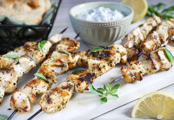 Chicken Souvlaki stick with tzatziki