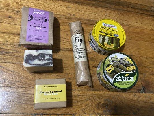 NY-made soap, vegetarian fig salami, dolmas (stuffed grape leaves).