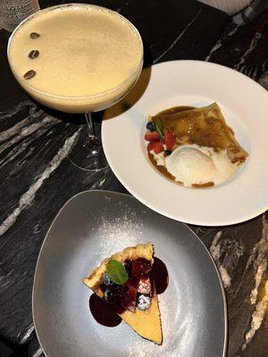 Espresso martini, Manchego cheesecake, raspberry jam, crocante & Dulce de leche crepe with vanilla ice cream