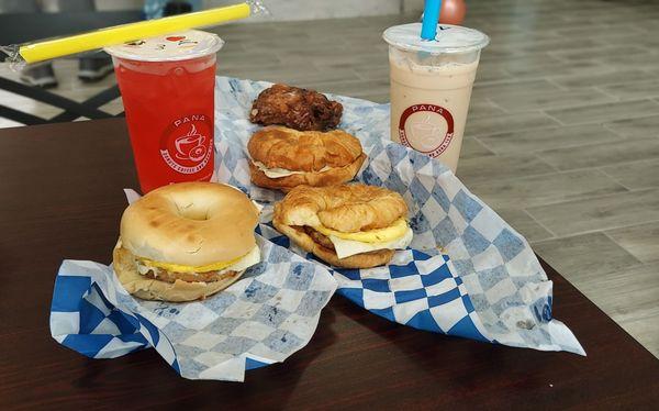 Sausage egg and cheese bagels and croissant ,bacin chesse croissant  boba tea and boba milk tea