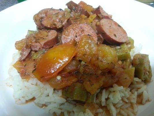 Okra and Tomatoes with Smoked KIELBASA Turkey Sausage