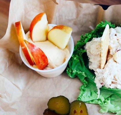 Apple dip, chicken salad, pickles