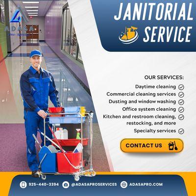 Our janitorial services include:
 Daytime cleaning
 Commercial cleaning services
 Dusting and window washing
 Office system cleaning