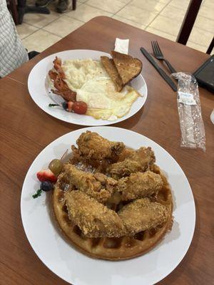 Breakfast special and waffle and wings