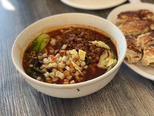 Spicy and Sour Noodle Soup with Minced Pork and Potato