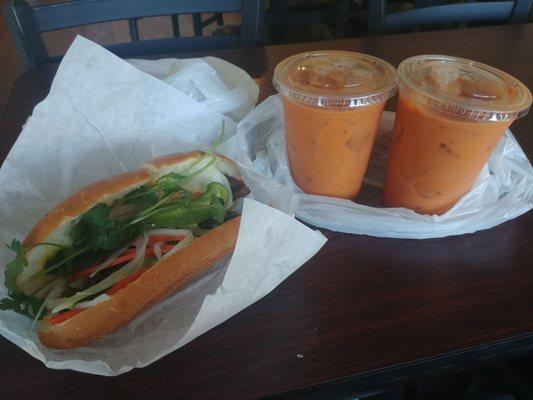 BBQ pork sandwich and Thai tea! He gave me a second Thai tea for free!!