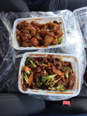 Orange Chicken and Beef Broccoli