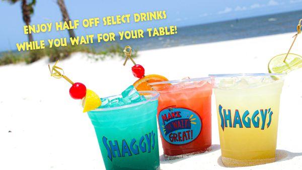 Join Shaggy's waitlist and get half off select drinks, including our House Margarita, Biloxi Blue and Rum Punch.