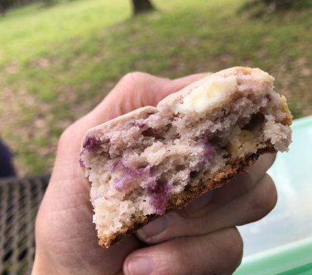 Inside of the raspberry-white chocolate scone