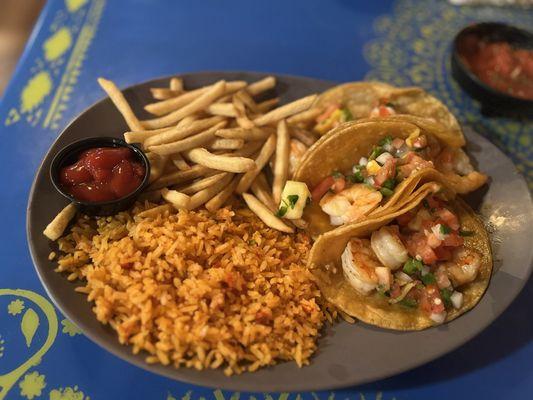 Shrimp Tacos with Mexican rice & fries