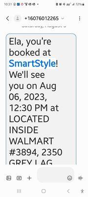 This is the text from SmartStyle with the time being 12:30. Elizabeth did not even had the courtesy to look at it.